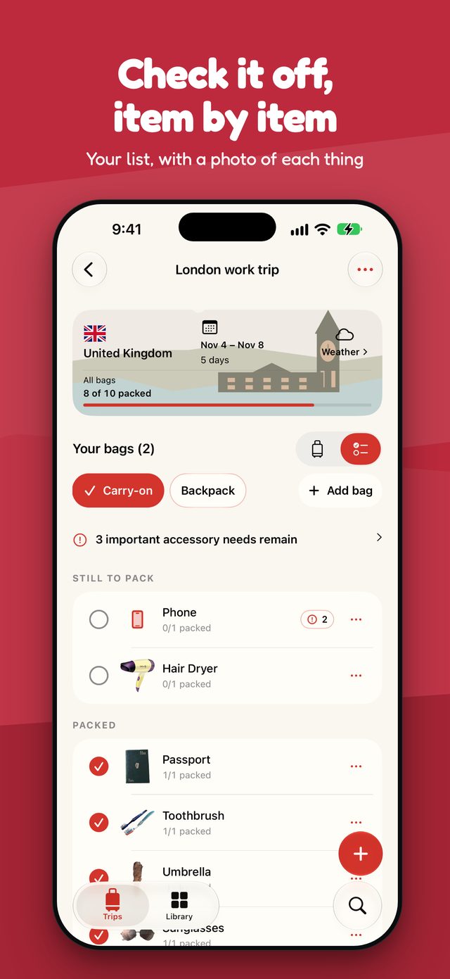Plunkit's checklist view with item photos and a packing progress bar