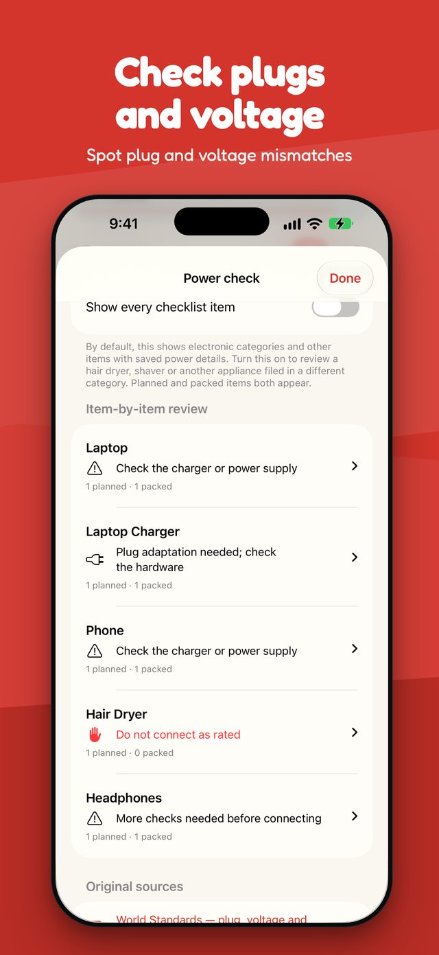 Plunkit's power check listing the plug and voltage questions for each item