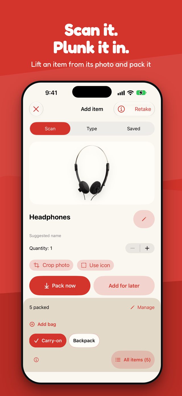Plunkit's Add item screen showing a pair of headphones lifted out of a photo